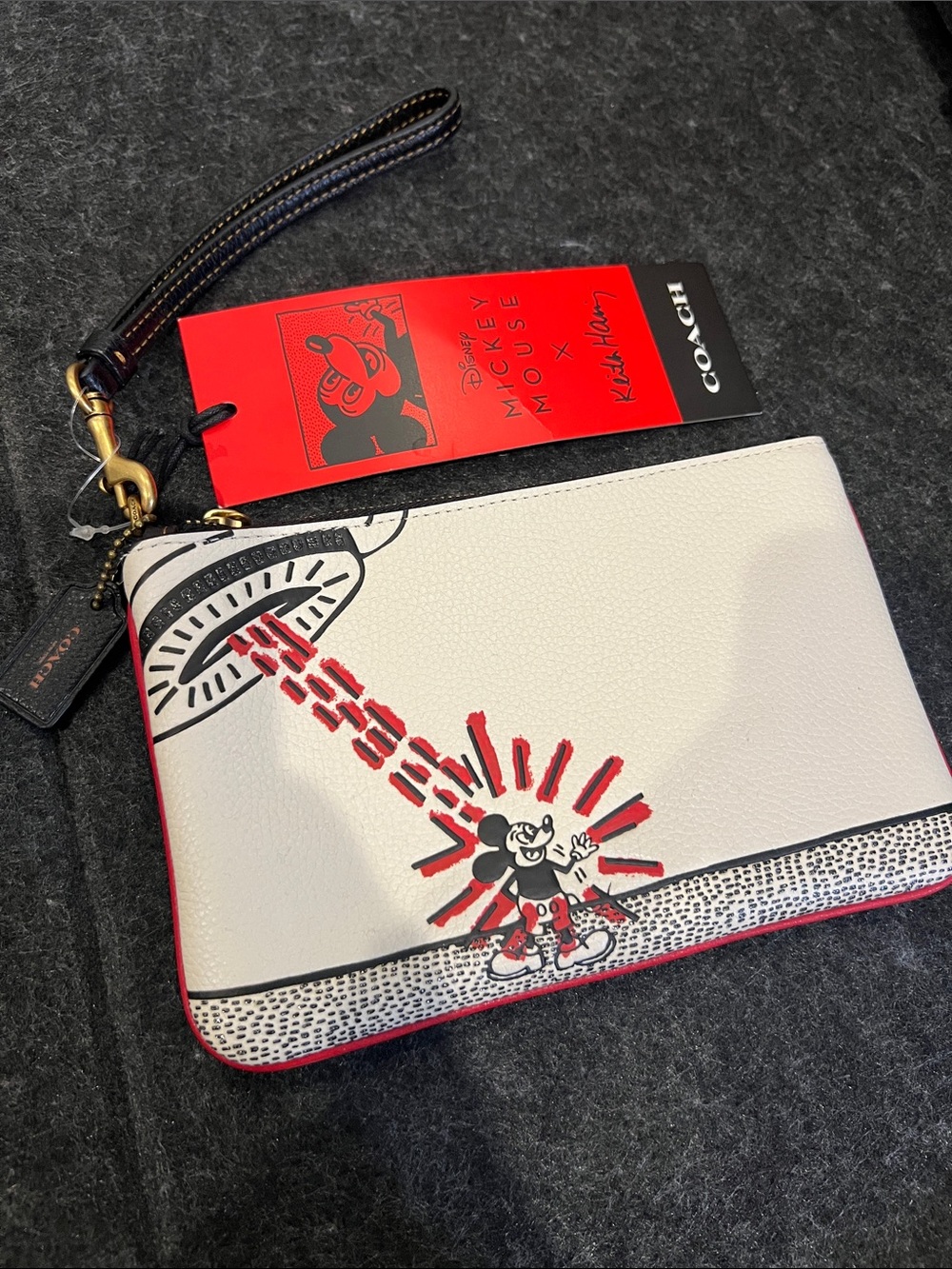 Coach White Leather Mickey Mouse Wristlet with Red and Black Kieth Haring NWT